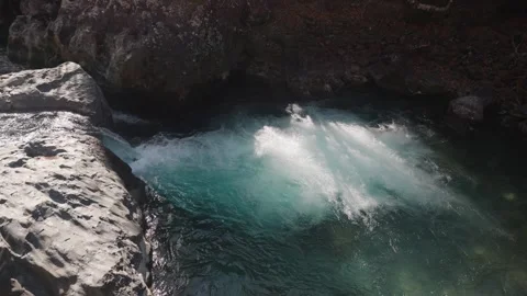 Small glacial waterfall dropping into  torquoise pool Stock Footage 330440772