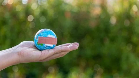 The small globe, earth is on hand, grass, leaf. The globe has maps on it an.. Stock Photos