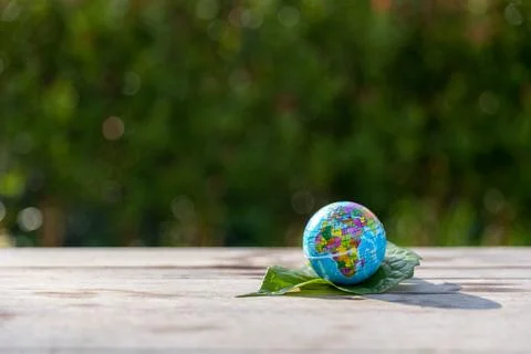 The small globe, earth is on hand, grass, leaf. The globe has maps on it an.. Stock Photos