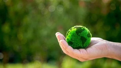 The small globe, earth is on hand, grass, leaf. The globe has maps on it an.. Stock Photos