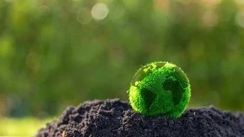The small globe, earth is on hand, grass, leaf. The globe has maps on it an.. Stock Photos
