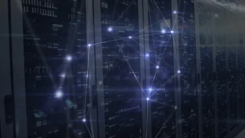 Small glowing nodes appearing on server racks, pulsing and transmitting data for Video stock 328648971