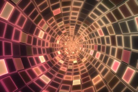 Small glowing rectangular tiles form a circular tunnel that converges on a .. Stock Illustration