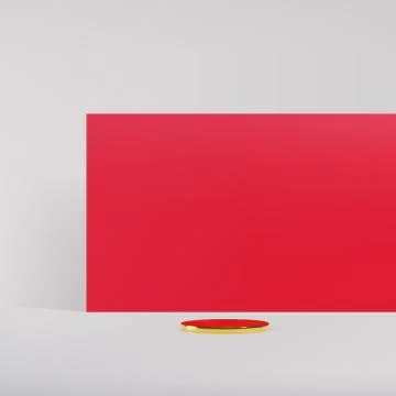 Small gold round podium with red plate on a white background. 3d realistic Stock Illustration