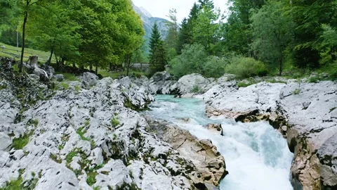 Small Gorge of Beautiful Emerald Soča River Surrounded With Majestic Tolmuns. Stock-Footage 230328706