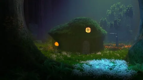 Small grassy house in dense forest Stock Footage 339069389