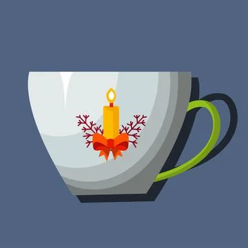 A small, gray tea cup on a gray background, with a Christmas decoration. Stock Illustration