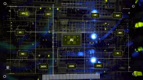 Small green AI graphic appearing, holographic schematic expanding on server Stock-Footage 337579167