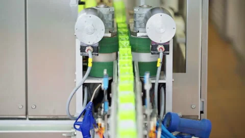 Small Green Packets with Straw attached are Moving on the Conveyor Line. Dairy Video stock 272220048