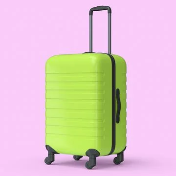 Small green polycarbonate suitcase isolated on pink background. 스톡 일러스트