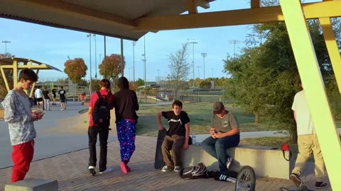 Small group of teens hanging out at skate park, younger kids and families around 動画素材 142851426