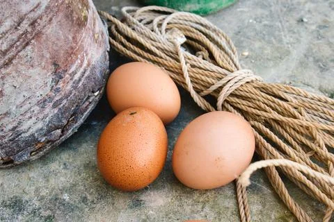 A small group of three brown hen's eggs on the floor in a rustic farmyard Stock Photos