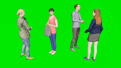 Small group of young individuals chatting on a 3d animated green screen Video stock 329596757