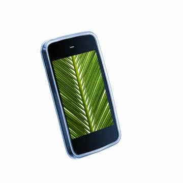 A small handheld communication device or phone with a green palm leaf image o Fotos de archivo