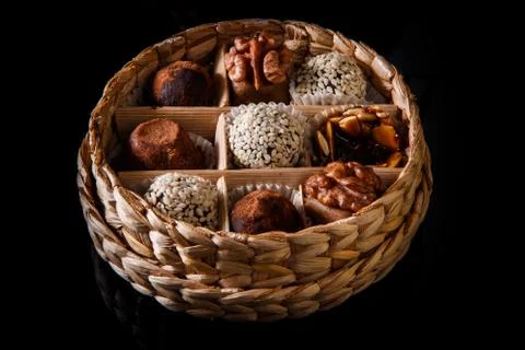 Small handmade box filled with assorted healthy useful handmade candies Fotos de archivo