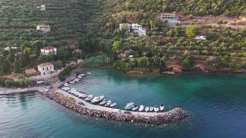 Small Harbor with Boats in Kitries, Messinia, Greece Stock Footage 344837703