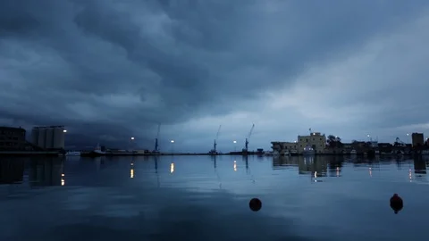 Small harbor in a dramatic mood Stock Footage 108635425