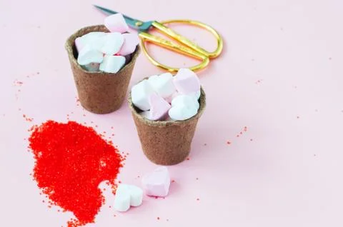 Small heart shaped marshmallows in a peat pots Stock Photos