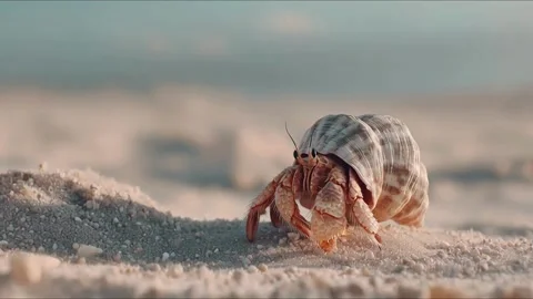 Small Hermit Crab Walking On The Sandy Beach During Sunset Video stock 336360535