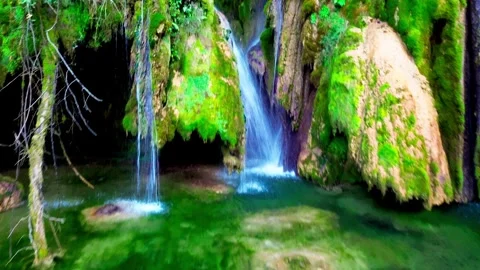 Small Hidden Waterfall in a Lush Green Forest Stock Footage 316310618