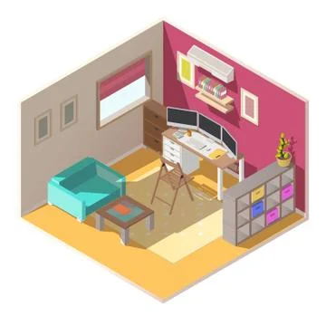 Small home office isometric vector interior Stock Illustration