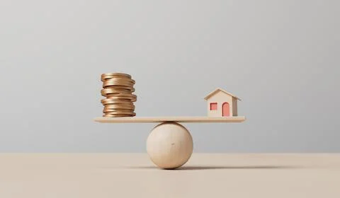 Small house and a stack of coins balancing on a seesaw. Property concept. 3D Ilustração Stock