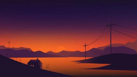 Small house between lake and mountains landscape, twilight time Stock Illustration
