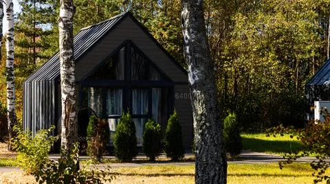 A small house is in the dense forest, surrounded by trees Stock Photos