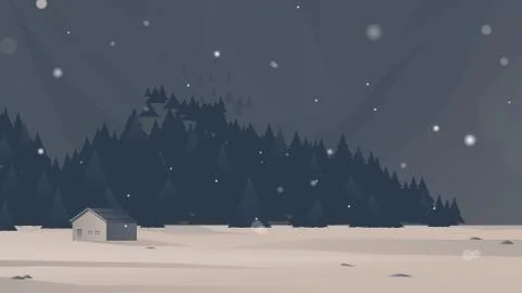 Small house in the forest with falling snow landscape, dark tone Illustrazione stock