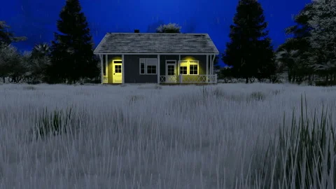 Small house in the forest at night snowfall Stock Footage 149197439