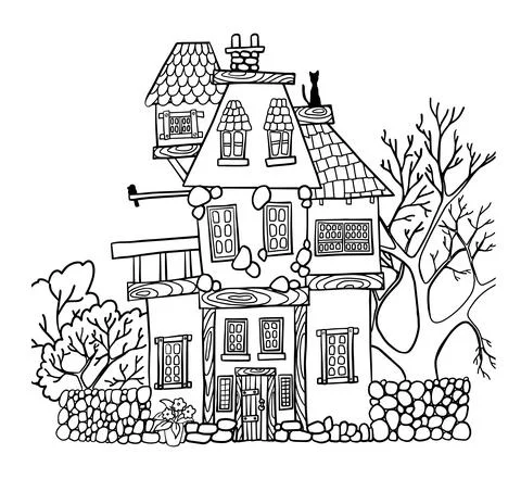 Small house in the garden. Coloring. Vector Stock Illustration