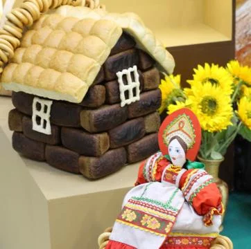 A small house made of bread is a work of art from bakeries. Stock Photos