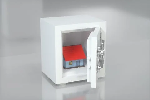 The small house model in the safe box, 3d rendering. Stock-Illustration