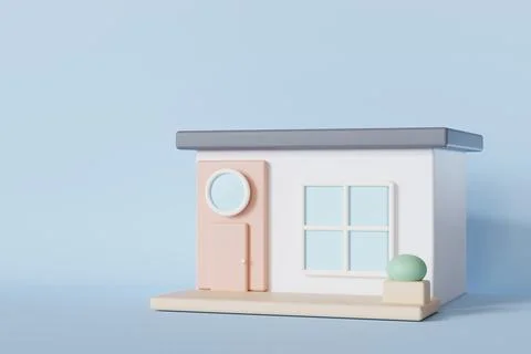 A small house model sits on a flat surface against a light blue backdrop. T.. 스톡 일러스트