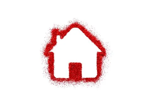 Small house shape on red glitter isolated on white background Stock Photos