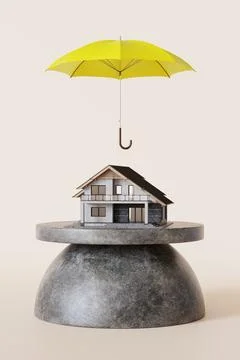 A small house sits on a grey circular base. Above it, a yellow umbrella is .. Ilustração Stock