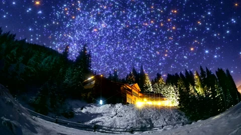 Small house in snow forest - Christmas stars sparkles twinkling and blinking. 4K Stock Footage 220064603