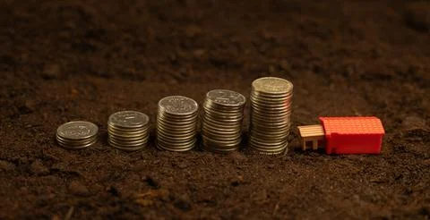A small house stands on the ground and there are stacks of money coins nearby Stock Photos