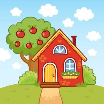 Small house stands on a hill next to an apple tree. Stock Illustration