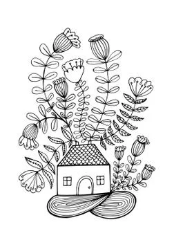 Small house surrounded by flowers Stock Illustration