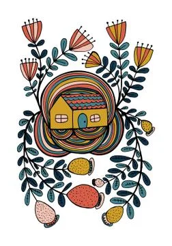 Small house surrounded by flowers Stock Illustration