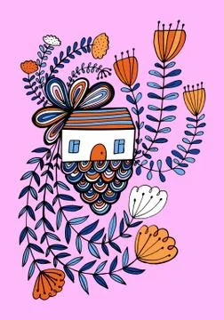 Small house surrounded by flowers Stock Illustration