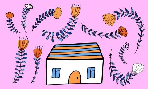 Small house surrounded by flowers Stock Illustration
