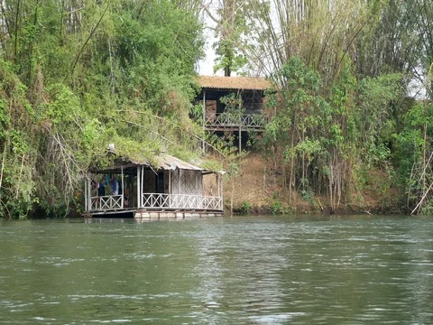 Small Houseboat on the river Stock Footage 74019095
