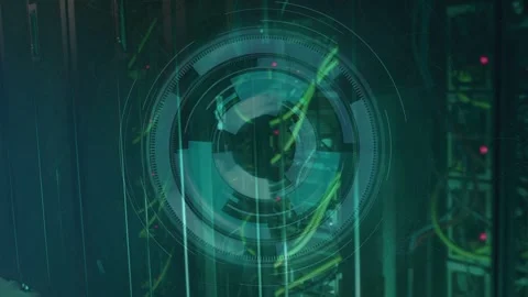 Small HUD appearing over server rack, expanding rings and pulsing LEDs, Video stock 332566542