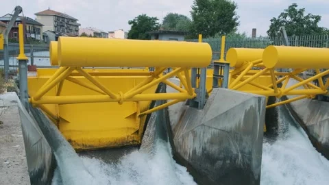 Small hydraulic structure with electric power station on the river in Piedmont Stock Footage 264166321