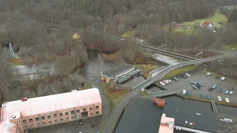 Small hydropower plant, Producing hydroelectricity, Industrial Concept, Aerial Stock Footage 149478904