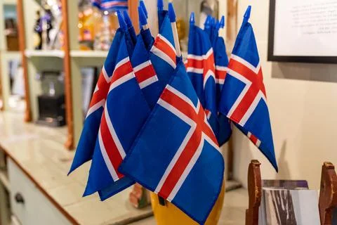 Small Iceland flags displayed inside of a store Stock Photos