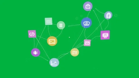 Small icons emerging, network linking nodes, growing then fading on transparent Stock Footage 334727040