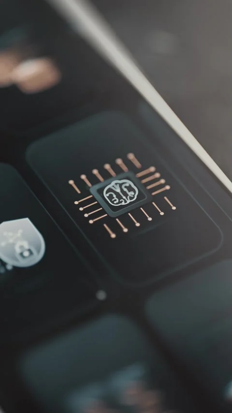 Small illuminated brain sits on a dark processor surrounded by evenly spaced Stock Footage 343375500